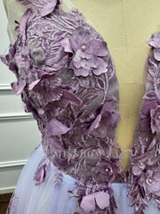 Ethereal Purple Chiffon A-Line V-Neck Long Evening Dresses with Flowers