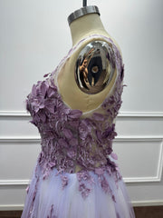 Ethereal Purple Chiffon A-Line V-Neck Long Evening Dresses with Flowers