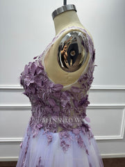 Ethereal Purple Chiffon A-Line V-Neck Long Evening Dresses with Flowers