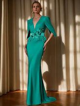 Evening Dresses with V-Neck and 3/4 Sleeves Featuring Embroidery Belt & Feather in Trumpet/Mermaid Style