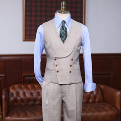 Exclusive Khaki Checkered Peaked Lapel Three-Piece Prom Outfit