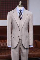 Exclusive Khaki Checkered Peaked Lapel Three-Piece Prom Outfit