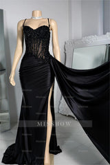 Exquisite Black Spaghetti Strap Sleeveless Pleated Long Split Formal Dress With Beading
