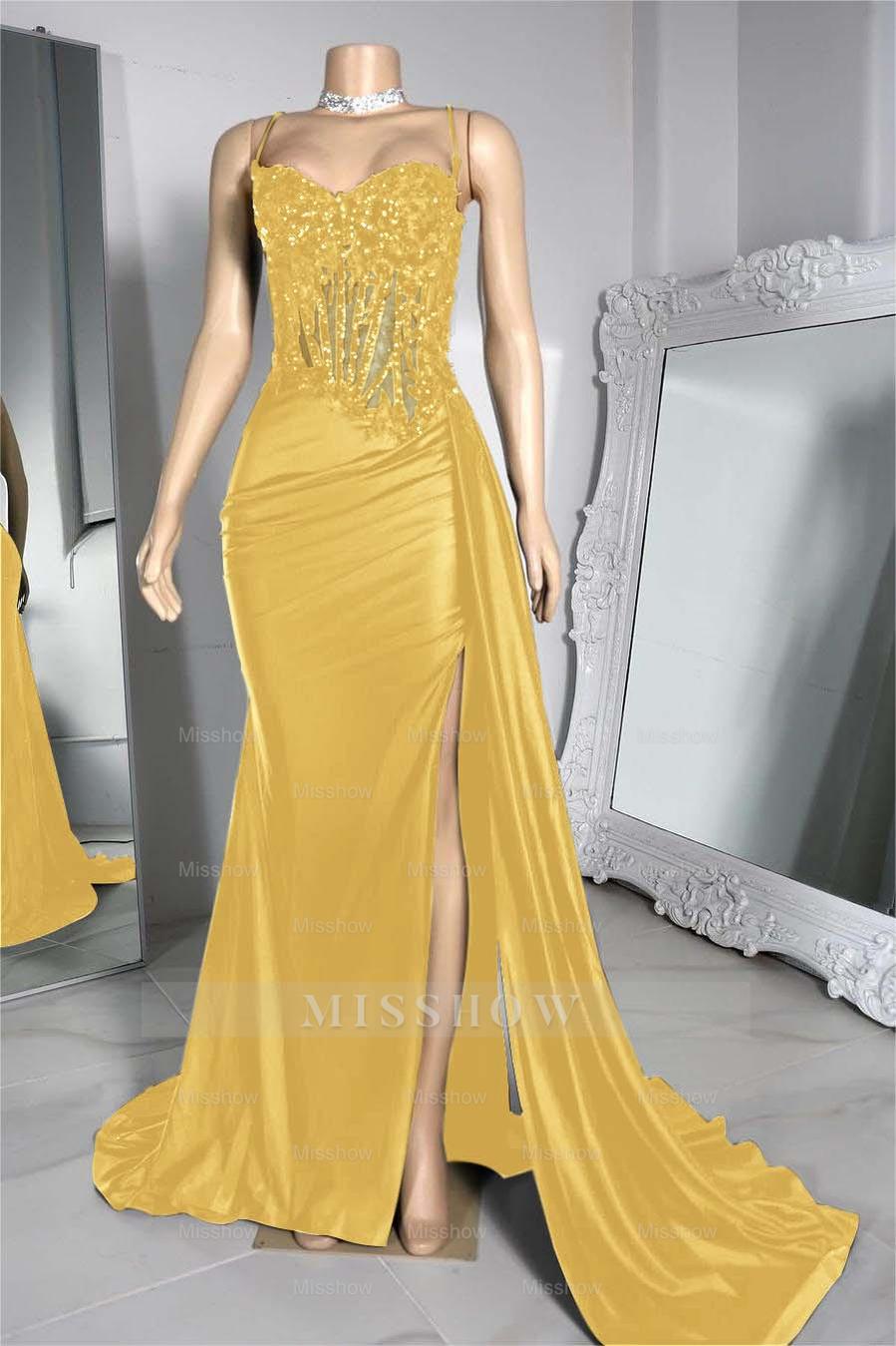 Exquisite Black Spaghetti Strap Sleeveless Pleated Long Split Formal Dress With Beading