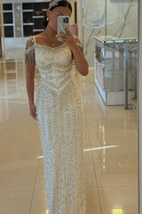 Exquisite Column Portrait Square Neck Floor-Length Evening Dresses with Slit