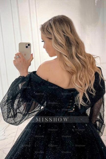 Exquisite Long Black A-line Ankle Length Off-the-shoulder Prom Evening Dresses with Long Sleeves