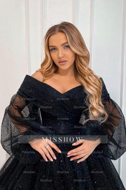 Exquisite Long Black A-line Ankle Length Off-the-shoulder Prom Evening Dresses with Long Sleeves