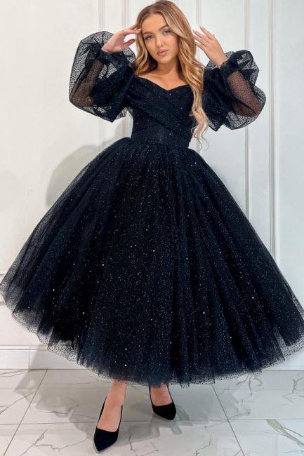 Exquisite Long Black A-line Ankle Length Off-the-shoulder Prom Evening Dresses with Long Sleeves