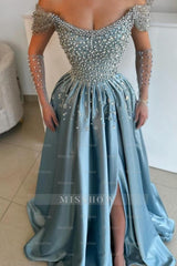 Exquisite Long Blue A-line Off-the-shoulder Pearls Rhinestones Prom Evening Dresses with Slit