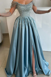 Exquisite Long Blue A-line Off-the-shoulder Pearls Rhinestones Prom Evening Dresses with Slit