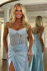 Exquisite Long Blue Mermaid Glitter Strapless Corset Prom Dress with Slit