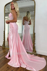 Exquisite Long Blue Mermaid Glitter Strapless Corset Prom Dress with Slit