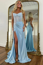 Exquisite Long Blue Mermaid Glitter Strapless Corset Prom Dress with Slit