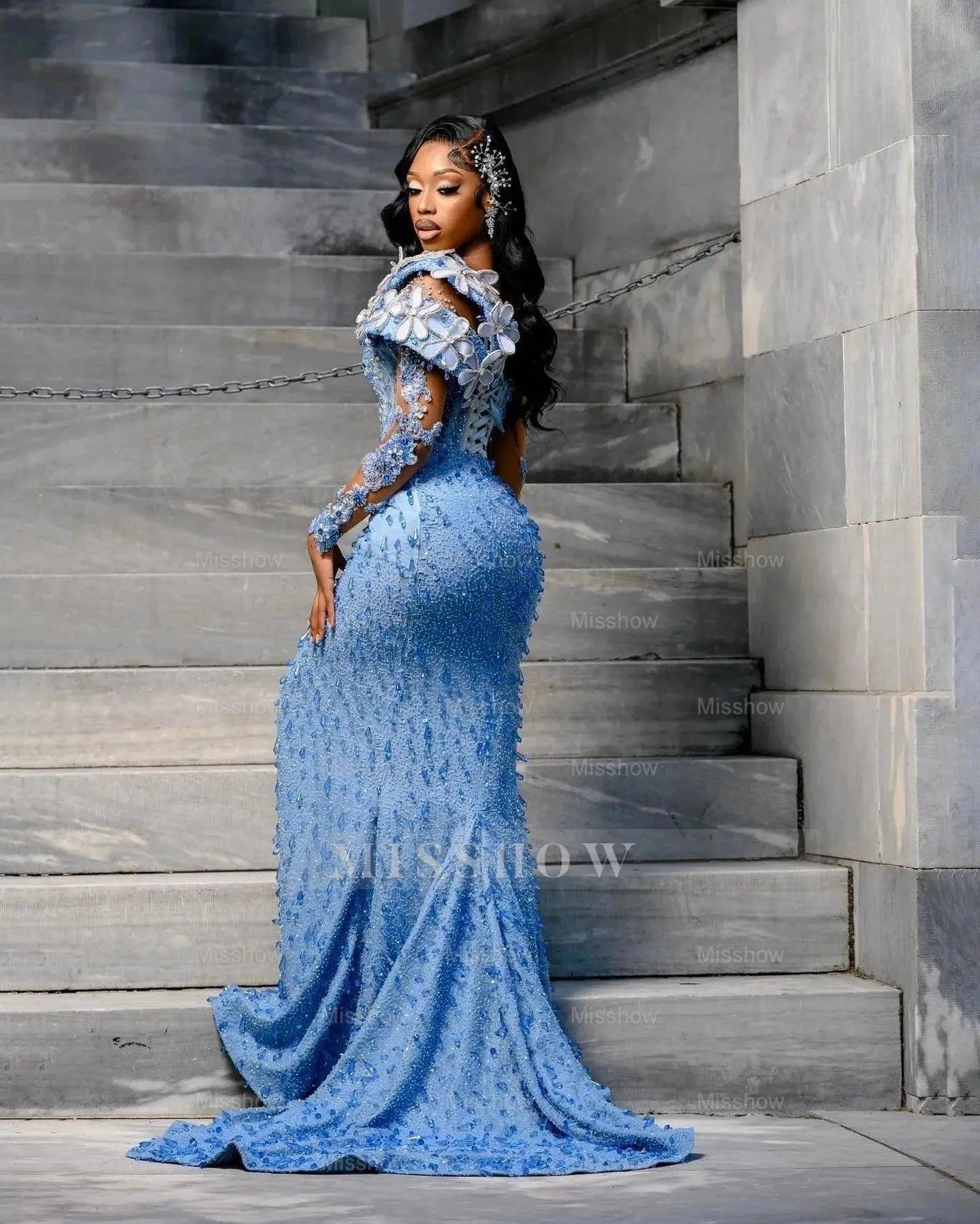 Exquisite Long Blue Mermaid Lace Crystal Long Sleeves Evening Dress with Slit