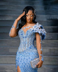 Exquisite Long Blue Mermaid Lace Crystal Long Sleeves Evening Dress with Slit