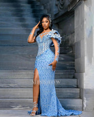 Exquisite Long Blue Mermaid Lace Crystal Long Sleeves Evening Dress with Slit