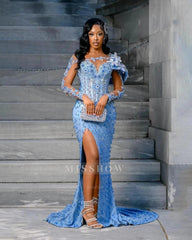 Exquisite Long Blue Mermaid Lace Crystal Long Sleeves Evening Dress with Slit