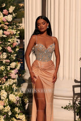 Exquisite Long Champagne Column Spaghetti Straps Lace Rhinestones Prom Evening Dresses with Slit