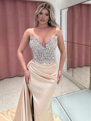 Exquisite Long Champagne Mermaid Strapless Jewels Prom Evening Dresses