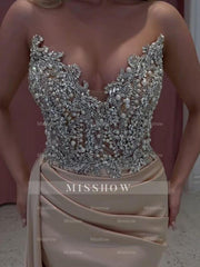 Exquisite Long Champagne Mermaid Strapless Jewels Prom Evening Dresses