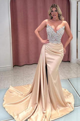 Exquisite Long Champagne Mermaid Strapless Jewels Prom Evening Dresses