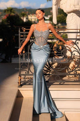 Exquisite Long Dusty Blue Mermaid Spaghetti Straps Lace Beading Prom Evening Dresses