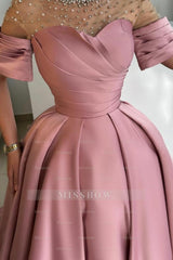 Exquisite Long Dusty Rose A-line Satin Rhinestones Prom Evening Dresses with Short Sleeves