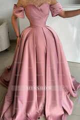 Exquisite Long Dusty Rose A-line Satin Rhinestones Prom Evening Dresses with Short Sleeves