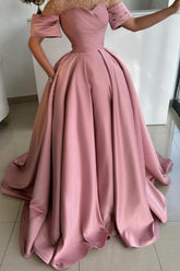 Exquisite Long Dusty Rose A-line Satin Rhinestones Prom Evening Dresses with Short Sleeves