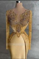 Exquisite Long Gold Mermaid Lace Beading Prom Evening Dresses with Long Sleeves