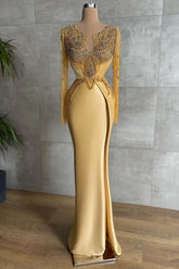 Exquisite Long Gold Mermaid Lace Beading Prom Evening Dresses with Long Sleeves