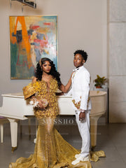 Gold v-neck rhinestone mermaid prom dress