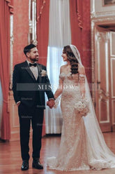 Exquisite Long Mermaid Off-the-shoulder Lace Wedding Dress with Long Sleeves