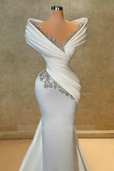 Exquisite Long White Mermaid Off-the-shoulder Beaded Lace Satin Wedding Dress