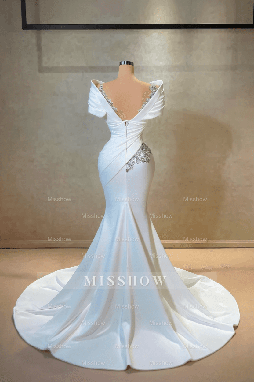 Exquisite Long White Mermaid Off-the-shoulder Beaded Lace Satin Wedding Dress