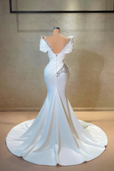 Exquisite Long White Mermaid Off-the-shoulder Beaded Lace Satin Wedding Dress