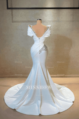 Exquisite Long White Mermaid Off-the-shoulder Beaded Lace Satin Wedding Dress