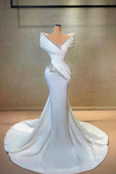 Exquisite Long White Mermaid Off-the-shoulder Beaded Lace Satin Wedding Dress