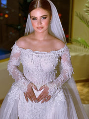 Exquisite Long White Mermaid Off-the-shoulder Beaded Lace Wedding Dress with Detachable Train