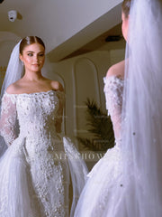 Exquisite Long White Mermaid Off-the-shoulder Beaded Lace Wedding Dress with Detachable Train