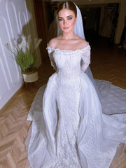 Exquisite Long White Mermaid Off-the-shoulder Beaded Lace Wedding Dress with Detachable Train
