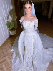 Exquisite Long White Mermaid Off-the-shoulder Beaded Lace Wedding Dress with Detachable Train