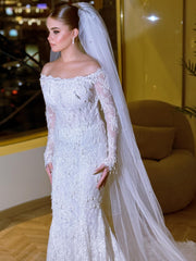 Exquisite Long White Mermaid Off-the-shoulder Beaded Lace Wedding Dress with Detachable Train