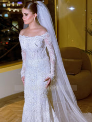 Exquisite Long White Mermaid Off-the-shoulder Beaded Lace Wedding Dress with Detachable Train