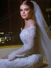 Exquisite Long White Mermaid Off-the-shoulder Beaded Lace Wedding Dress with Detachable Train
