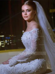Exquisite Long White Mermaid Off-the-shoulder Beaded Lace Wedding Dress with Detachable Train