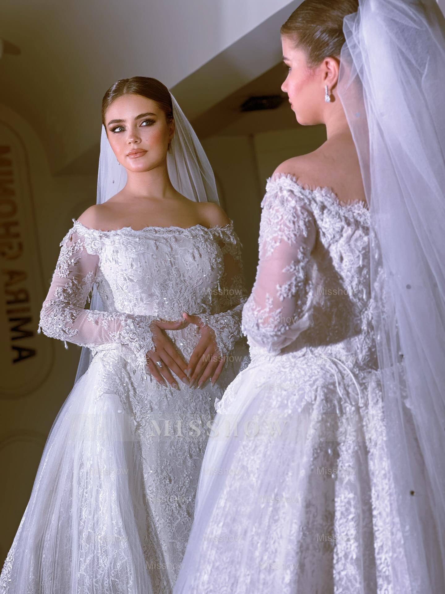 Exquisite Long White Mermaid Off-the-shoulder Beaded Lace Wedding Dress with Detachable Train