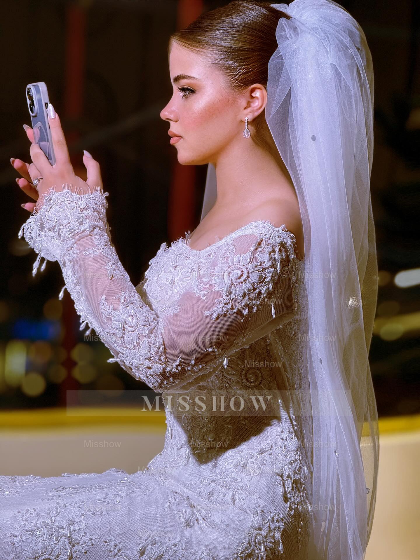 Exquisite Long White Mermaid Off-the-shoulder Beaded Lace Wedding Dress with Detachable Train