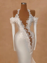 Exquisite Long White Mermaid Straps Satin Long Sleeves Wedding Dress with Pearls