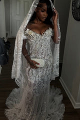 Exquisite Long White Off-the-shoulder Mermaid Sequined Lace Prom Dress with Beads and Veil